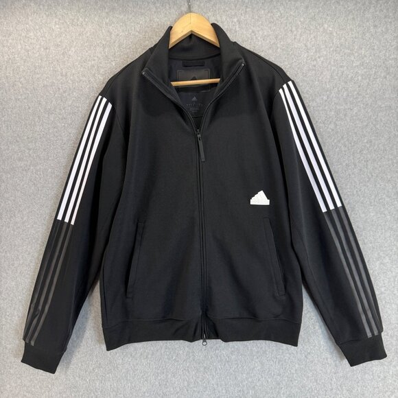 Adidas Mens Black Track Jacket Workout Athletic Full Zip 3 Stripes Size Large - Picture 1 of 16